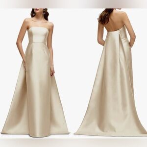 ALFRED SUNG Strapless Satin Maxi Gown in Champagne